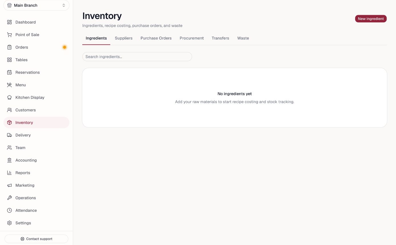 CaféPilot inventory screen captured from the running application