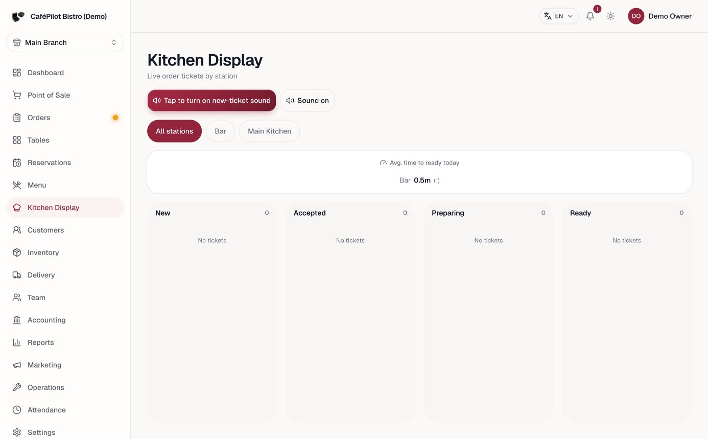 CaféPilot kitchen screen captured from the running application
