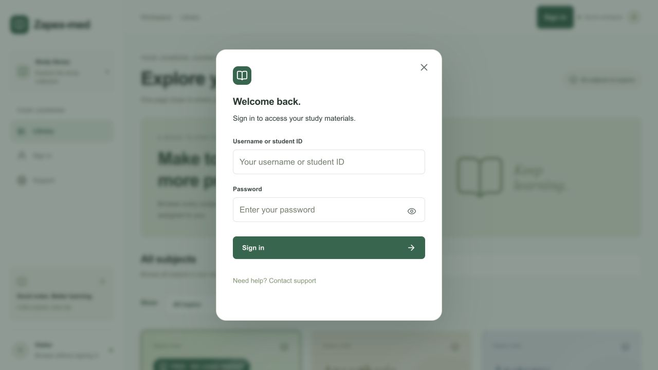 Zapex-med student access screen